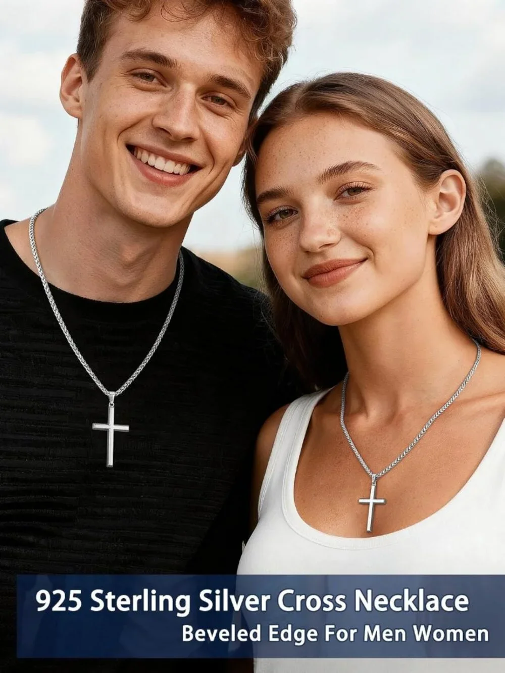 Men's 925 Sterling Silver Cross Necklace, Gold Plated with Wheat Chain, Gift